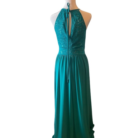 NIGHTWAY Womens Emerald Green Lace Sequined Mesh Slitted Sleeveless Halter 8 - Picture 3 of 9